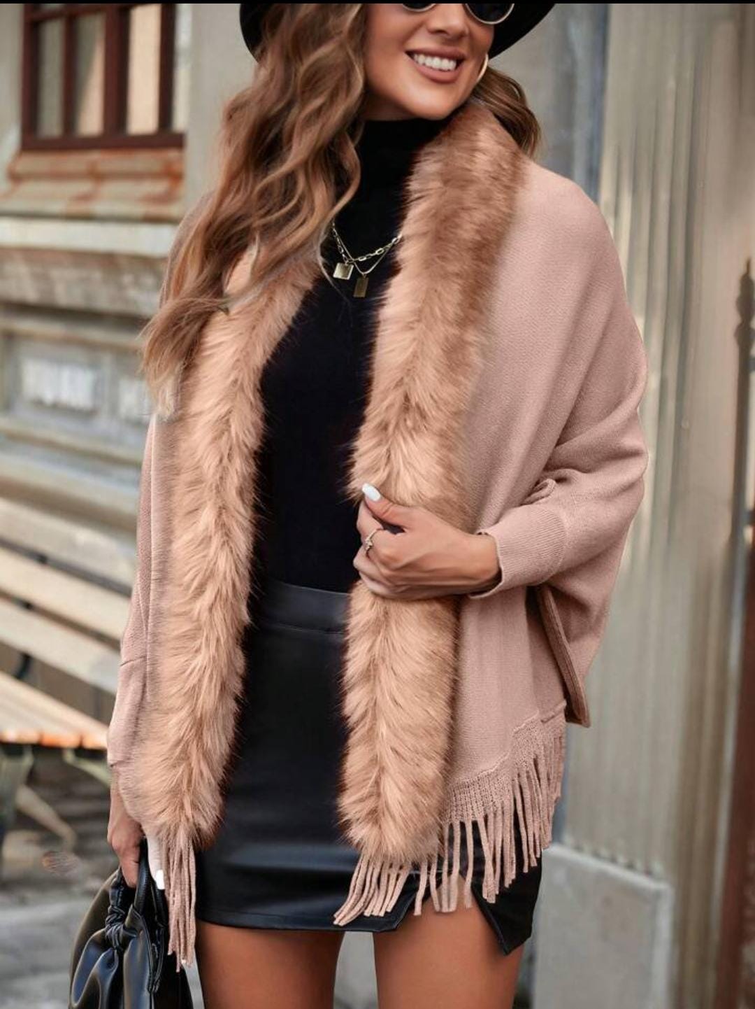 Faux Fur Trim Open Front Poncho with Fringe - Image 13