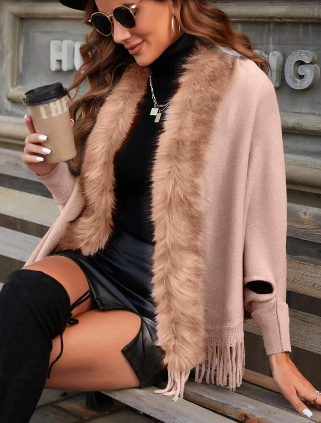 Faux Fur Trim Open Front Poncho with Fringe - Image 2