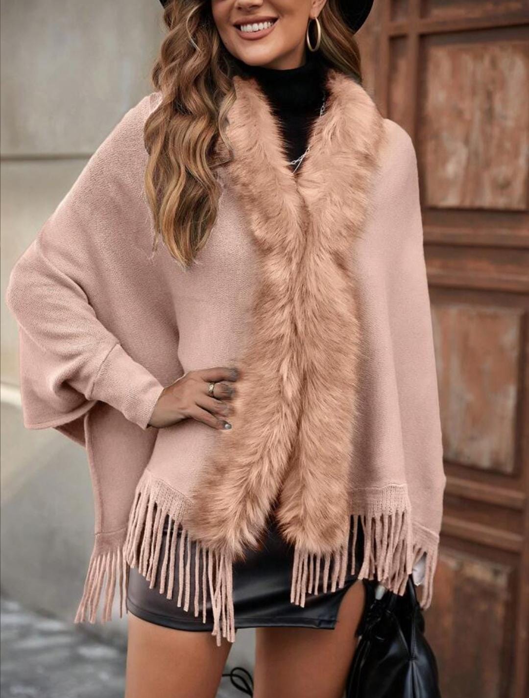 Faux Fur Trim Open Front Poncho with Fringe - Image 3