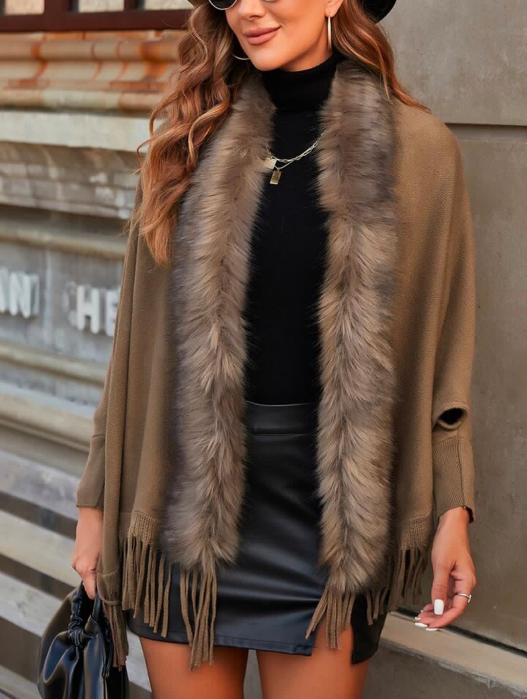 Faux Fur Trim Open Front Poncho with Fringe - Image 4