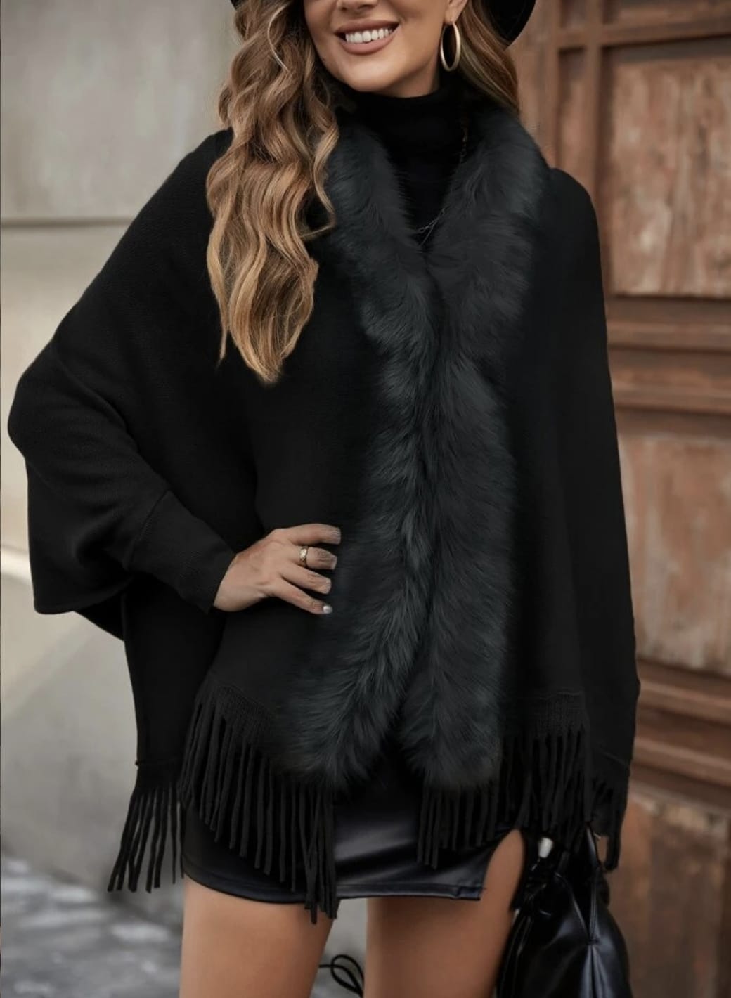 Faux Fur Trim Open Front Poncho with Fringe - Image 7
