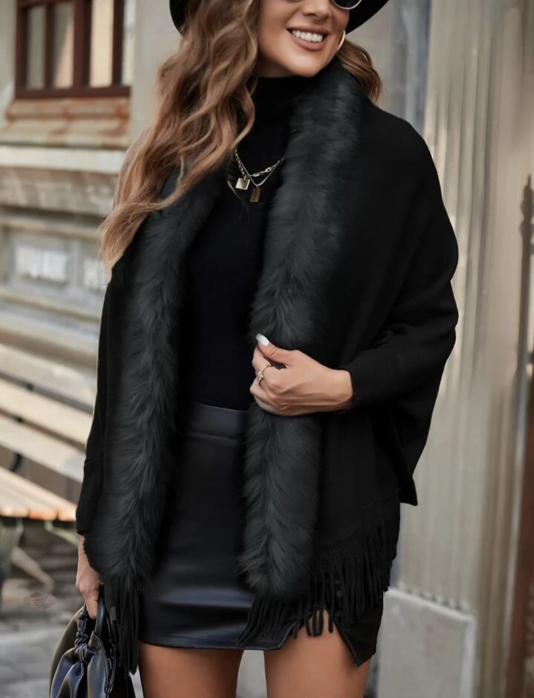 Faux Fur Trim Open Front Poncho with Fringe - Image 10