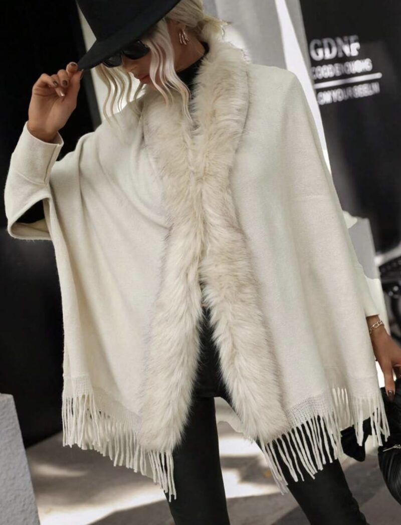 Faux Fur Trim Open Front Poncho with Fringe