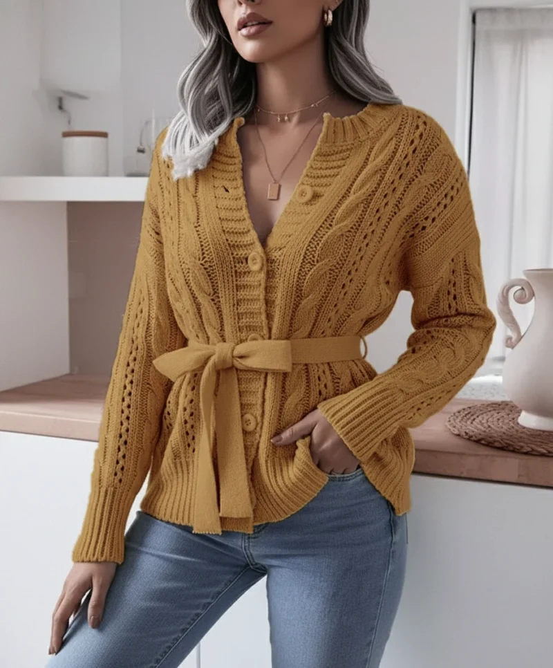 Open-Knit Belted Cardigan with Cable & Eyelet Details